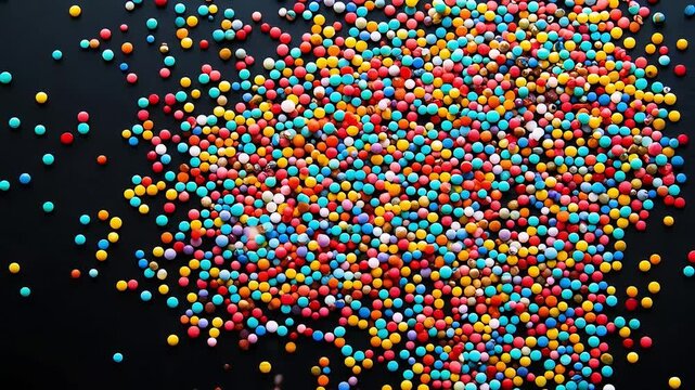 Colorful sprinkles falling against dark background.