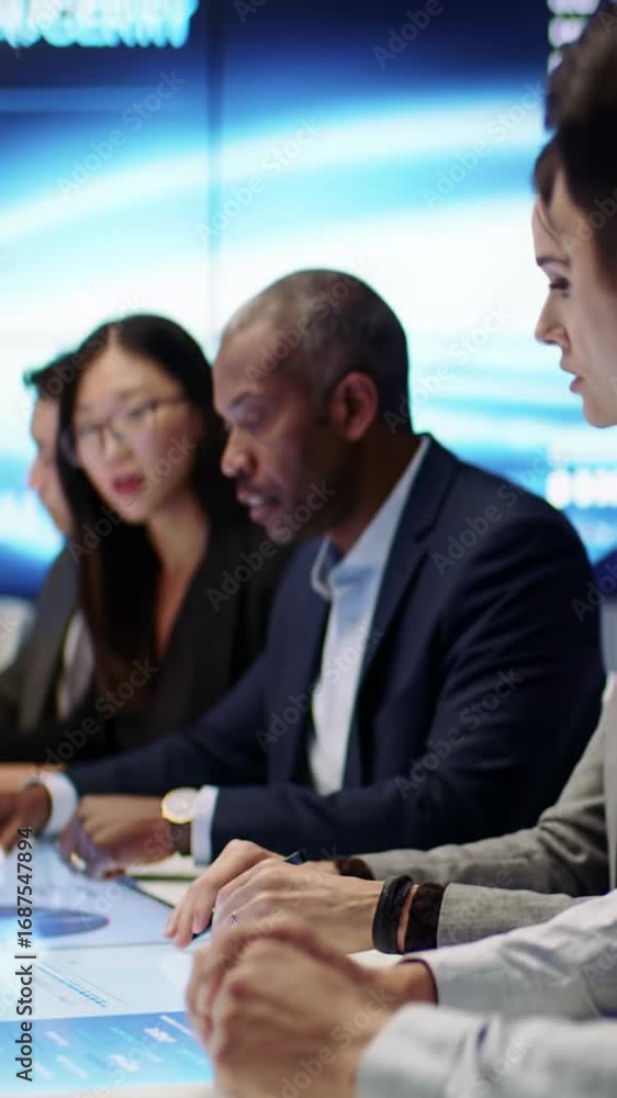 Poster diverse 3-4 professionals intently engage vibrant digital display on high-tech interactive table wit
