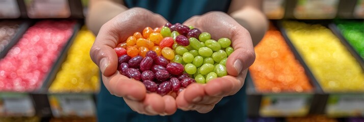 Colorful assortment of jelly beans held in hands by a person at a candy store surrounded by various sweets