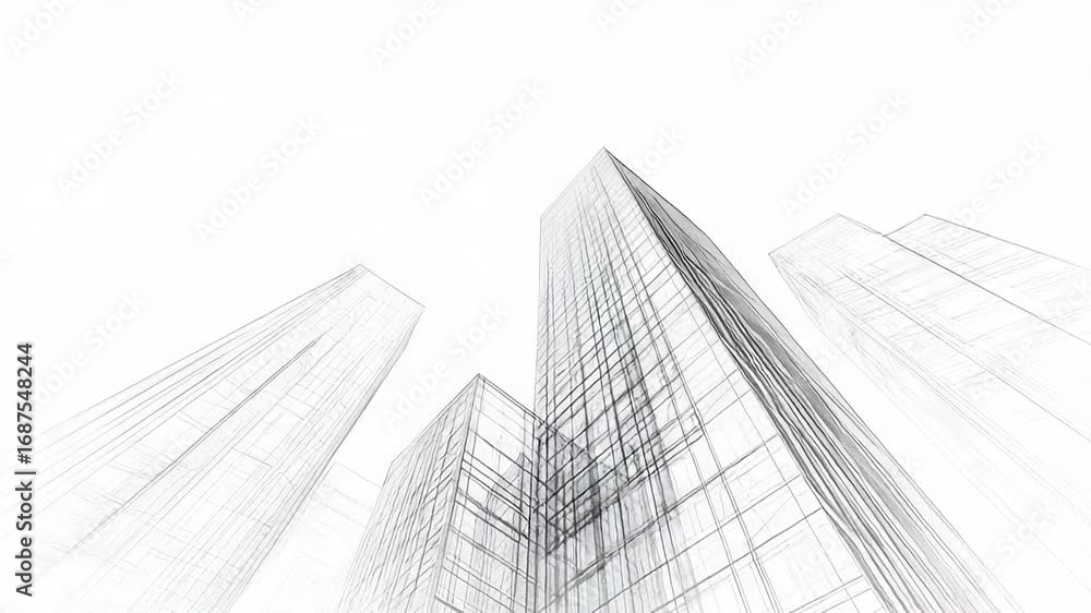 Poster abstract wireframe rendering showing modern skyscrapers reaching for the sky