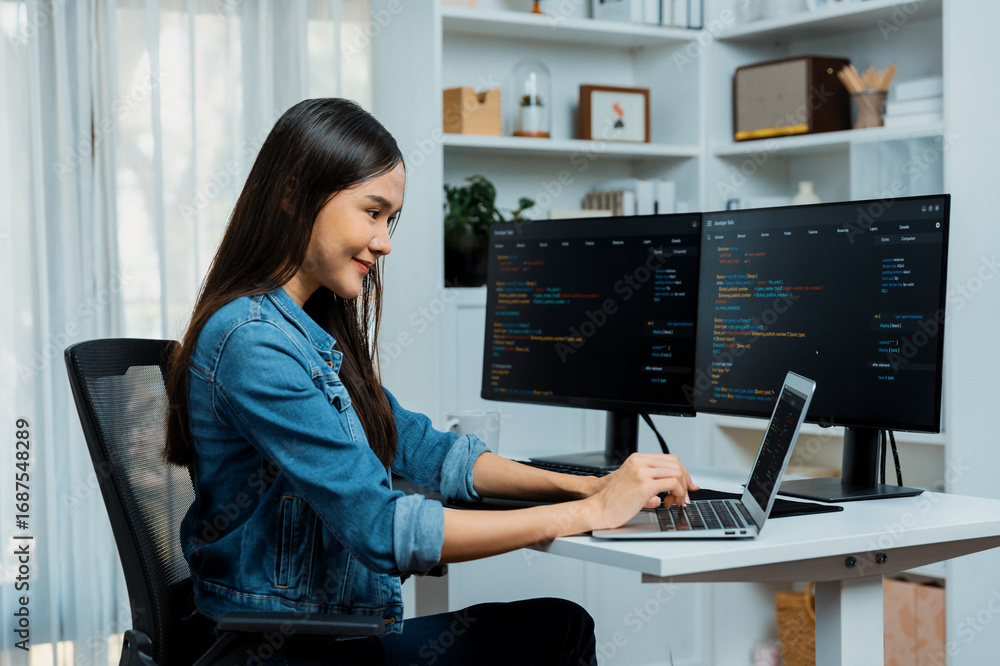 Poster smiling young asian in it developer creating with typing online information on laptop with coding pr