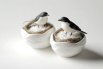 Nest and bird salt and pepper pair, where the bird rests on the nest-shaped shaker 