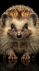Fototapeta premium Hedgehog with detailed fur texture poses against a black background in an artistic portrayal capturing its features and charm