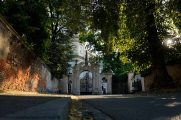 Obraz premium Ornate wrought iron gates open to a grand residence framed by tall trees and aged brick walls, blending elegance with timeless serenity in a secluded entrance view