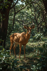 Fototapeta premium Elegant Bongo Antelope in Sun-Dappled Forest