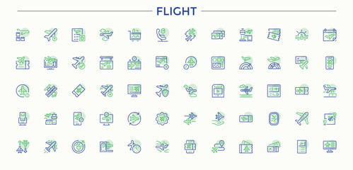 Flight colorful line icon set. Featuring aviation, plane, airline, airplane, transport, air and more. Minimalist icons collection. Airline icon set. Vector collections.
