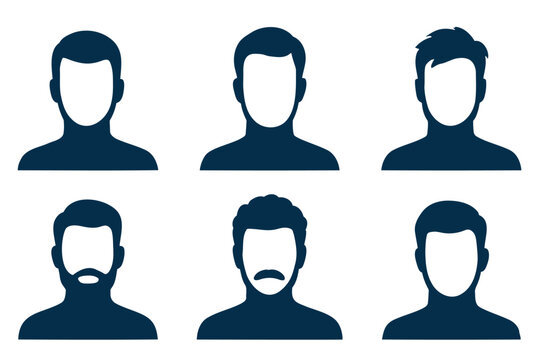 Male avatar icons set &mdash; vector user profile silhouettes, beard & hair
User profile avatar set &mdash; flat male silhouettes, bearded & mustache
Men profile placeholders &mdash; head icons pack, editable vector