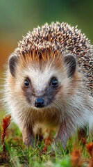 Fototapeta premium Hedgehog exploring grassy terrain during a sunny afternoon in a natural habitat