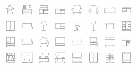Collection of minimalist line art icons representing various furniture pieces for home and office interiors