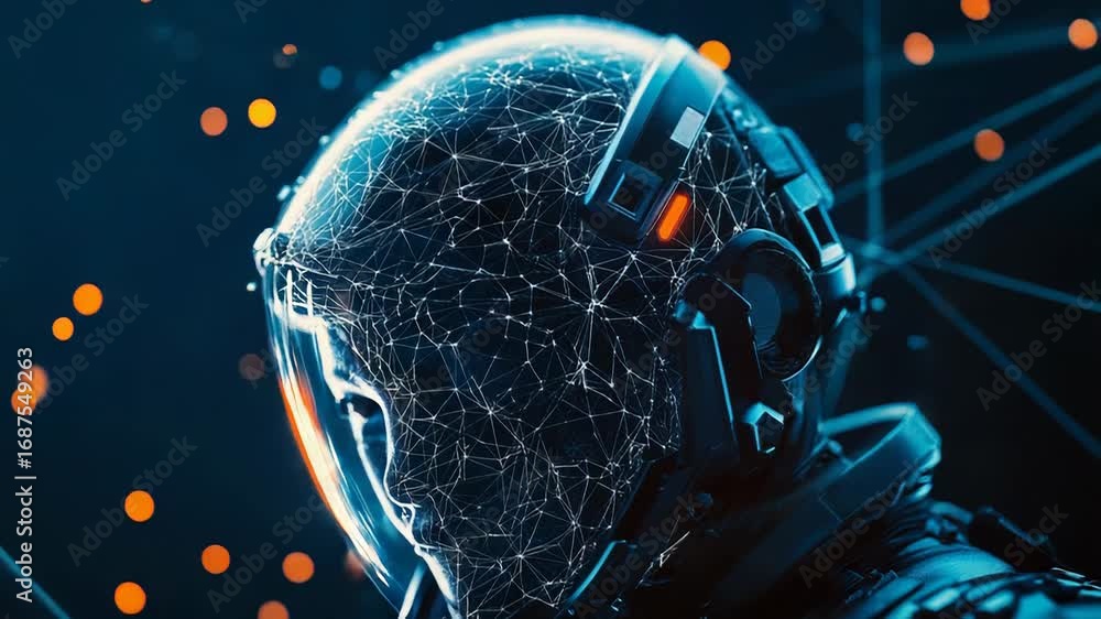 Poster Astronaut wearing futuristic helmet with network connection visualized