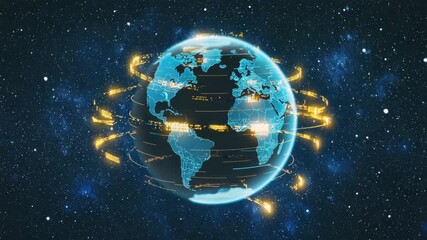Futuristic 3D digital Earth night, data points cities network connections, continents connected light beams, cyberpunk aesthetic space 3D seamless loop global communication technology, network, 4K - Powered by Adobe