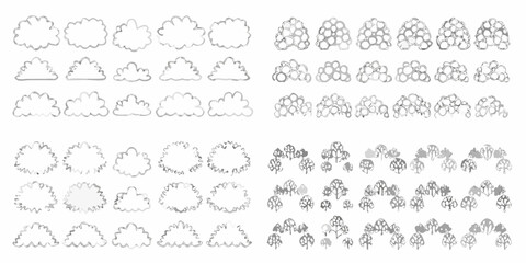 Collection of hand drawn cloud and tree illustrations in various styles and shades of gray