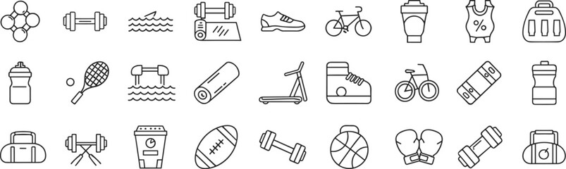 Fitness and sports icon set with dumbbells, running shoes, bicycles, yoga mats, boxing gloves, water bottles, basketballs, and workout equipment for active lifestyle.