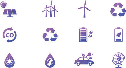 Gradient Eco and Sustainability Icon Set – Renewable Energy, Recycling, Electric Vehicle, Water Drops, Clean Power and Environmental Protection Symbols