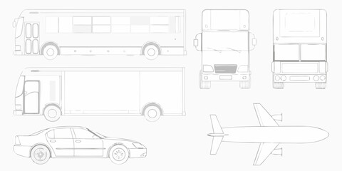 Collection of vehicle outlines including a bus double decker bus sedan car cargo van and airplane