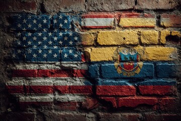 Mural of United States and Ecuador flags painted on a brick wall showcasing cultural fusion in an urban setting
