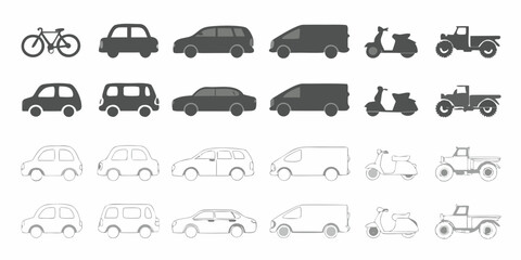 Collection of diverse vehicle icons including bicycles cars vans scooters and trucks in silhouette and outline styles