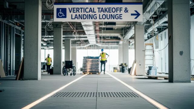 Designing accessible pathways and signage during the build phase of a vertiport lounge to ensure passenger convenience and safety.