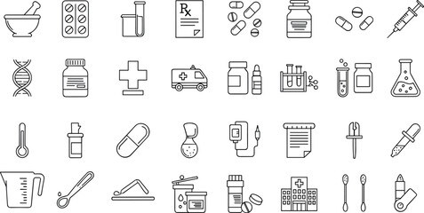 Medical vector icon set featuring pills, syringes, DNA, hospital buildings, test tubes, thermometers, and other healthcare symbols for medical and pharmaceutical designs.