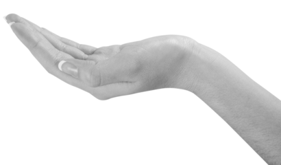 Black and white Man's hand in a glove showing an empty palm on a white background