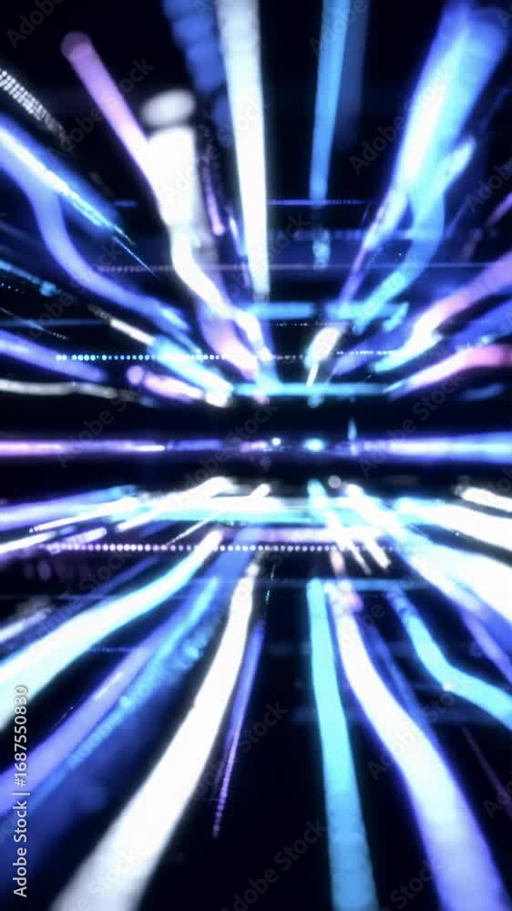 Poster luminous digital particles & geometric elements in electric blues, purples, whites, form complex neu
