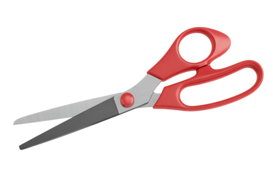 Sharp red handled scissors ready for precise cutting action, perfect for crafting and office tasks