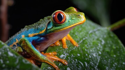 Obraz premium Colorful Tree Frog Perched on Leaf with Water Droplets in Nature