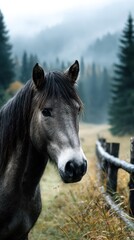 Obraz premium Beautiful gray horse standing near wooden fence in misty landscape surrounded by pine trees