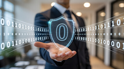 Businessman presents digital shield and binary code, symbolizing data security and protection in modern business