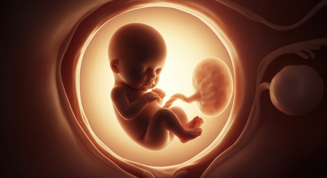 Human fetus in womb, a symbol of life’s beginning, shown as glowing form in amniotic sac. Fetus in womb is miraculous, a new life, and full of potential.