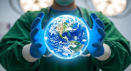 Doctors hands hold glowing Earth.