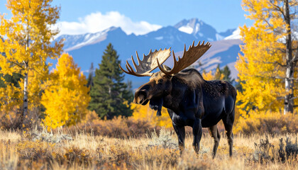 Majestic moose standing tall in autumn meadow with rocky mountain backdrop