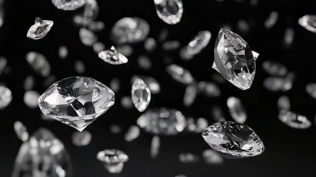 Brilliant cut diamonds floating and rotating in elegant motion against dark background luxury jewelry premium gemstones sparkling