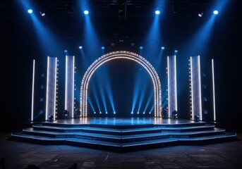 Spectacular stage lighting setup with an illuminated arch and tiered platforms for performance