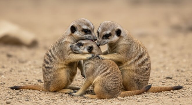 Cute Family of Meerkats Embracing in the Desert Sand - Powered by Adobe