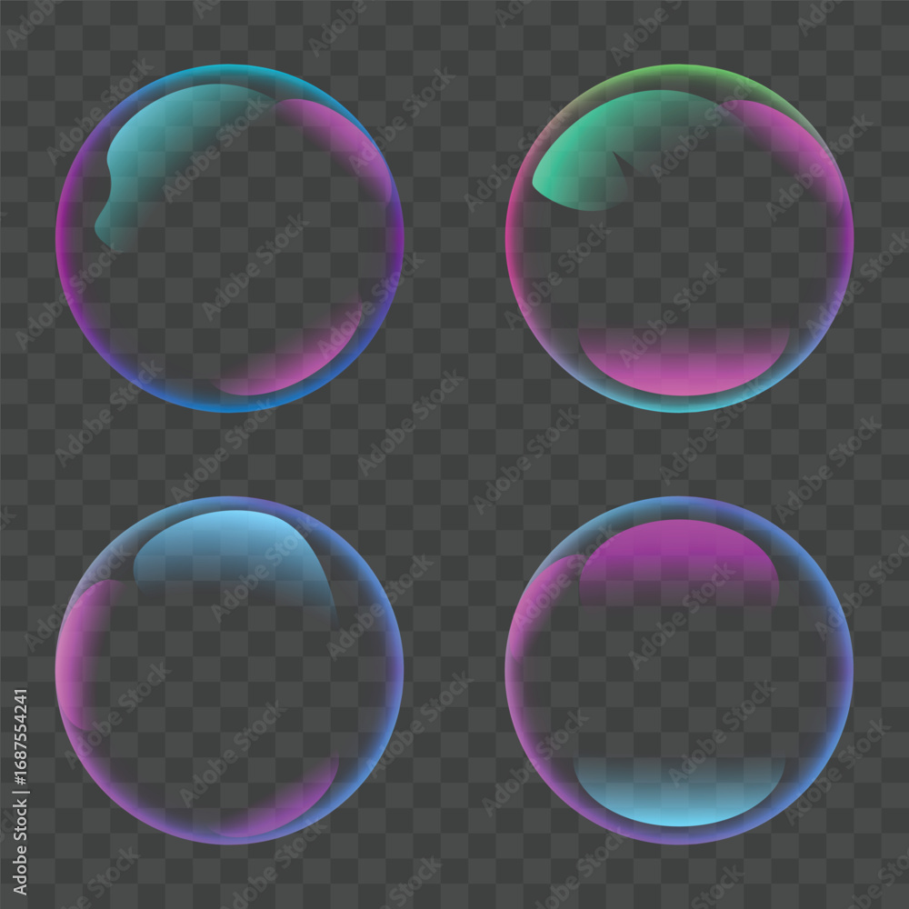 Poster 3d realistic soap water bubbles vector illustration transparent background colorful rainbow reflecti