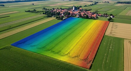 Futuristic precision farming concept with a rainbow-colored field representing agricultural data visualization from an aerial perspective
