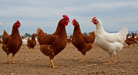 Fototapeta premium 穏やかな光輝く鶏群 平和な農場風景. AI Generated