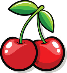 Vibrant red cherry illustration with green leaves