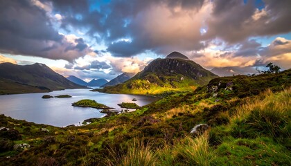 A tranquil alpine lake scene bathed in warm, golden light, showcasing a picturesque valley nestled amidst dramatic mountains.
