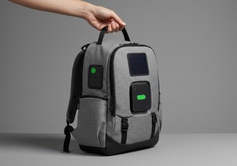 Modern gray backpack with integrated solar panel for outdoor adventures and travel