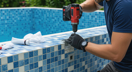 Pool Repairman Using Drill on Tile pool repair pool maintenance