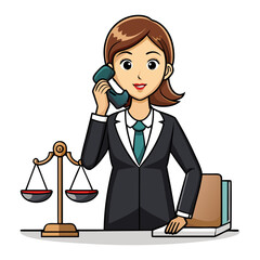 Professional female lawyer making an important phone call with client, modern office setting, confident businesswoman, legal consultation illustration