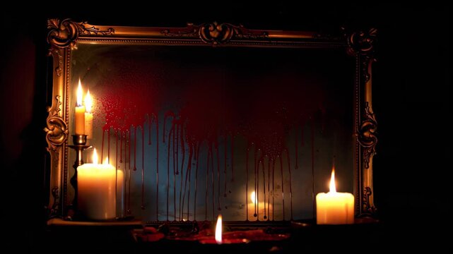 Bloody dripping mirror framed in gold with burning candles. Dark gothic horror visuals for Halloween, mystery, and haunted designs