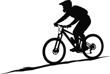 a cyclist silhouette riding bike with backpack on trail