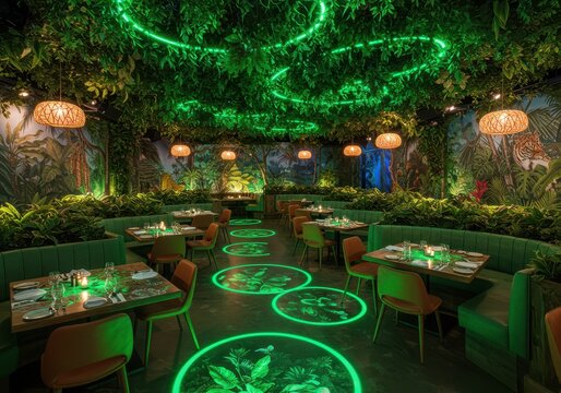 Enchanting jungle themed restaurant with neon green lights and lush ambiance