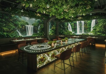 Enchanting jungle-themed bar with flowing waterfalls and lush greenery creating a unique ambiance