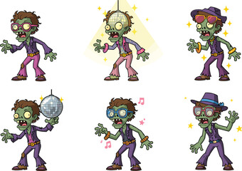Disco zombie characters dancing in retro outfits, colorful cartoon undead party scene with funky music background