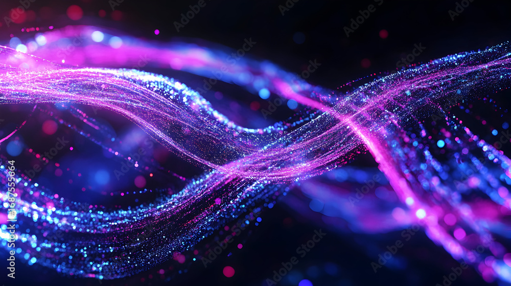 Poster vibrant abstract glowing particle streams with bokeh effect on dark background