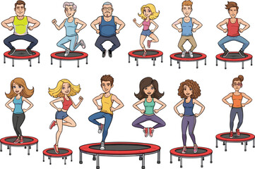 Diverse Group of Adults Exercising on Mini Trampolines, Fun Fitness Workout, Healthy Lifestyle, Active People